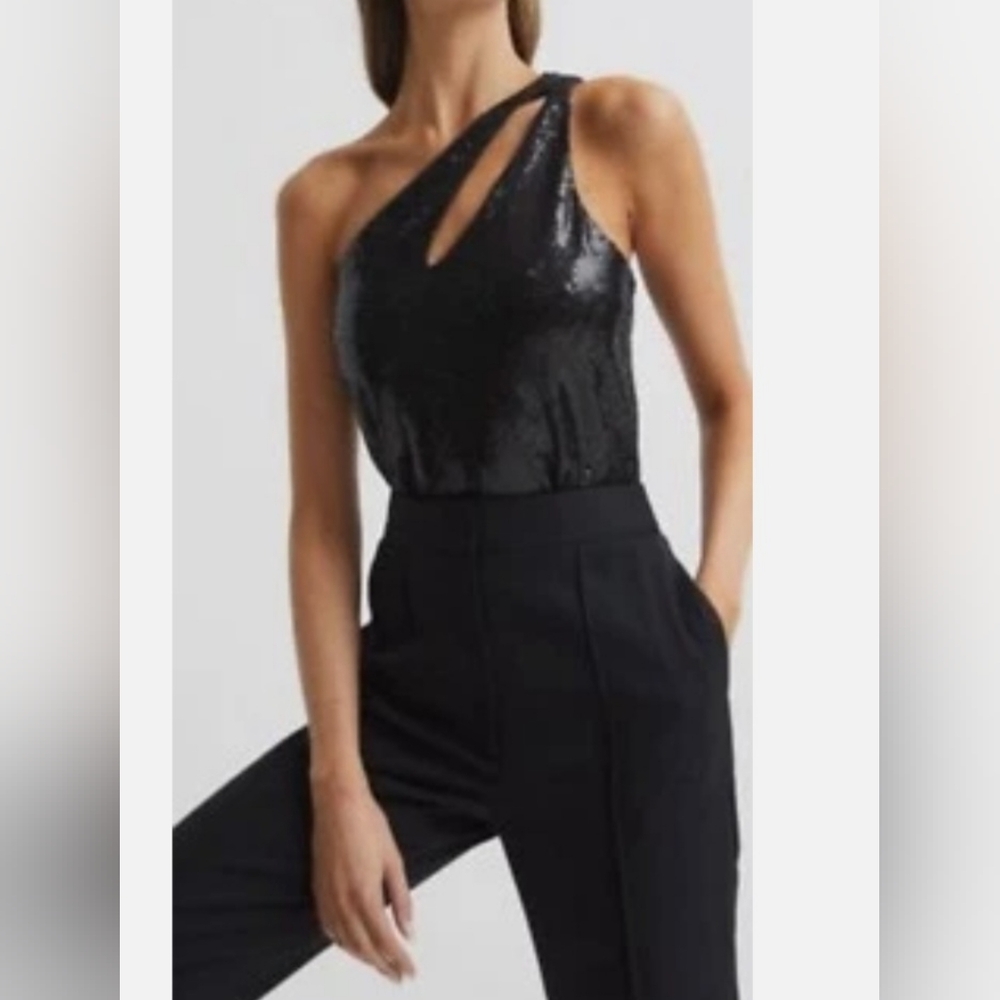 Reiss Black Sequin One-Shoulder Bodysuit